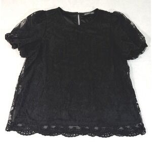 Adrianna Papell Black Lace Puff Sleeve Sheer Overlay Top Women